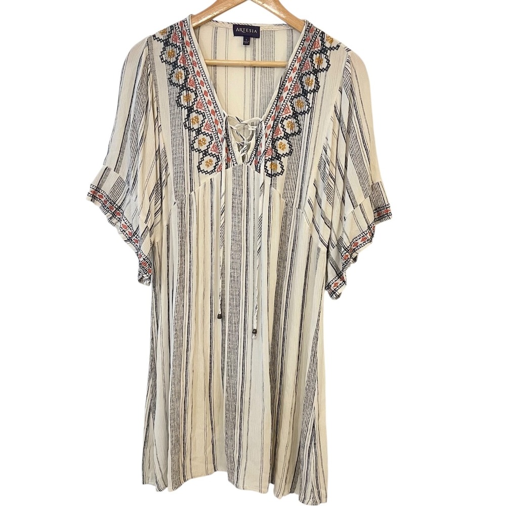 Artesia Womens Dress Sz L Boho Aztec Hippie Embroidered Lace Up Flowey Geometric
